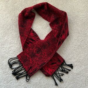 Jacquard Red and Black Fringed Scarf. Made in Italy.